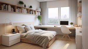 Thiết kế phòng ngủ hiện đại tối ưu diện tích với nội thất đa năng, cửa sổ lớn đón sáng và kệ sách treo tường tinh tế