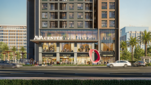 Phối cảnh mặt tiền hiện đại của tòa nhà AVA Center với các tiện ích tích hợp như siêu thị mini, phòng khám và sảnh đón sang trọng ngay mặt đường lớn.