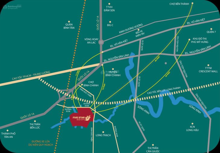 Bản đồ vị trí Five Star Eco City kết nối TP.HCM, Vành đai 3, Vành đai 4, cao tốc Bến Lức – Long Thành, sân bay Long Thành và cảng Hiệp Phước.