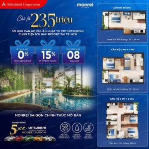 Monrei Saigon với chính sách thanh toán hấp dẫn, chỉ từ 235 triệu đồng. Dự án mang đến nhiều lựa chọn từ căn Studio, 2 phòng ngủ đến 2 phòng ngủ + 2 WC, cùng hệ tiện ích chuẩn resort