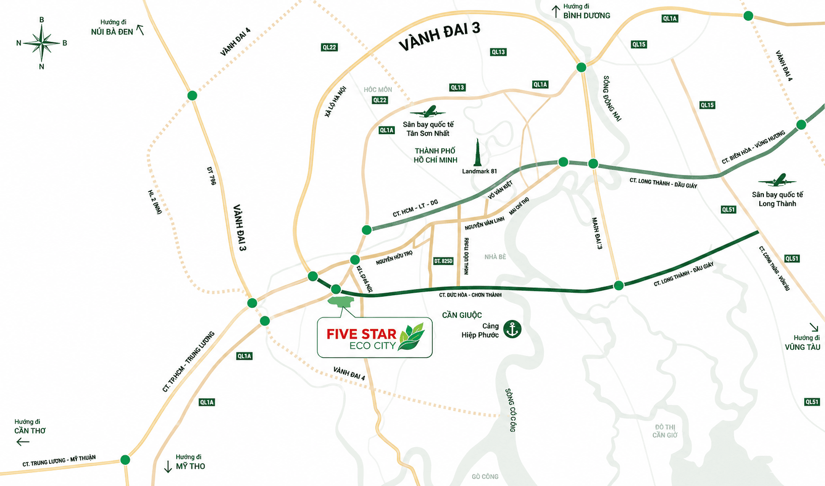 Bản đồ vị trí Five Star Eco City kết nối TP.HCM, Vành đai 3, Vành đai 4, cao tốc Bến Lức – Long Thành, sân bay Long Thành và cảng Hiệp Phước.