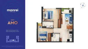 Mặt bằng căn AMO tại Monrei Saigon có diện tích tim tường 64,17m², thiết kế 2 phòng ngủ, tối ưu công năng