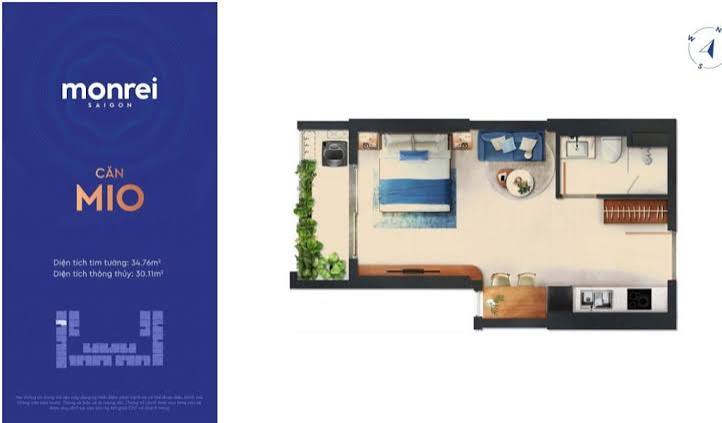 Căn MIO tại Monrei Saigon sở hữu diện tích tim tường 34,76m² với thiết kế studio hiện đại