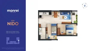 Căn NIDO tại Monrei Saigon có diện tích tim tường 52,16m², bố trí 2 phòng ngủ thông minh, tối ưu không gian