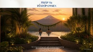 Phối cảnh tổ hợp Onsen tại tháp M1 của Monrei Saigon với hồ tắm khoáng nóng, cảnh quan xanh và không gian thư giãn