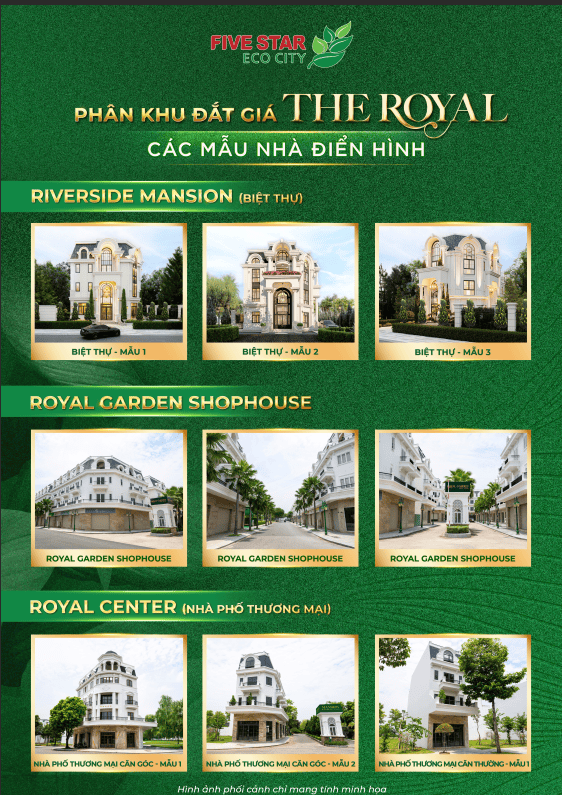 Các mẫu biệt thự Riverside Mansion, Royal Garden Shophouse và Royal Center tại phân khu The Royal Five Star Eco City với thiết kế hiện đại, đa dạng loại hình bất động sản.