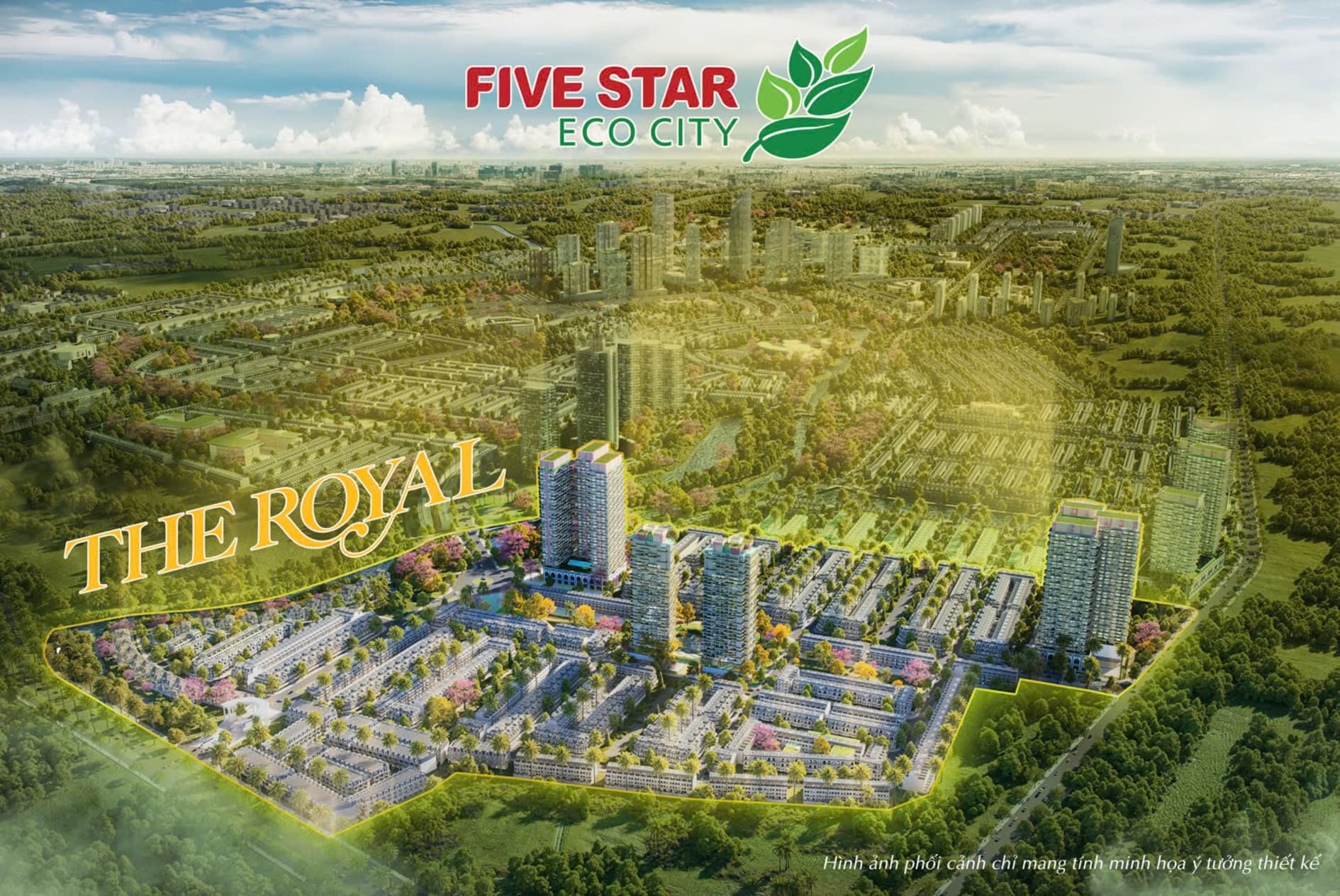 Phối cảnh phân khu The Royal thuộc Five Star Eco City với các tòa căn hộ, nhà phố và hệ thống tiện ích nội khu.