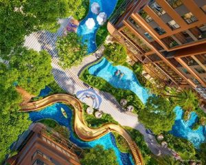 Phối cảnh nhìn từ trên cao của Monrei Saigon thể hiện hồ bơi phong cách resort, đường dạo bộ, cảnh quan cây xanh và khu tiện ích nội khu