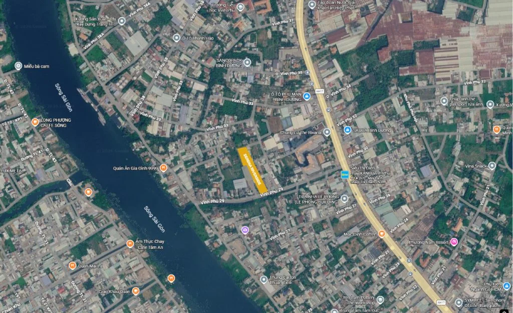 Bản đồ vệ tinh thể hiện vị trí SERENA RIVERSIDE tại khu vực Vĩnh Phú, với lợi thế tiếp giáp sông Sài Gòn và kết nối trực tiếp đến trục Quốc lộ 13.
