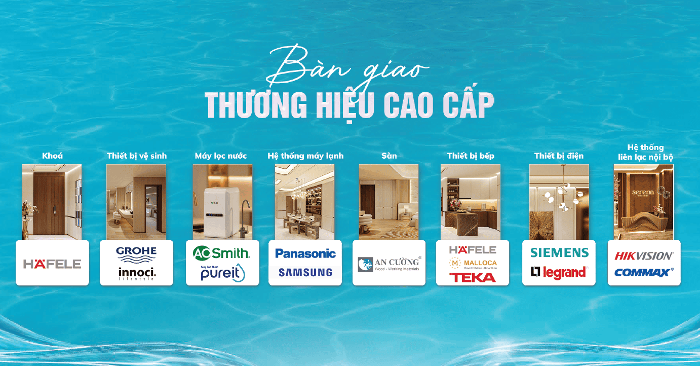 Hình ảnh tổng hợp các hạng mục bàn giao tại Serena Riverside, bao gồm khóa cửa, thiết bị vệ sinh, máy lọc nước, hệ thống máy lạnh, sàn, thiết bị bếp, thiết bị điện và hệ thống liên lạc nội bộ.