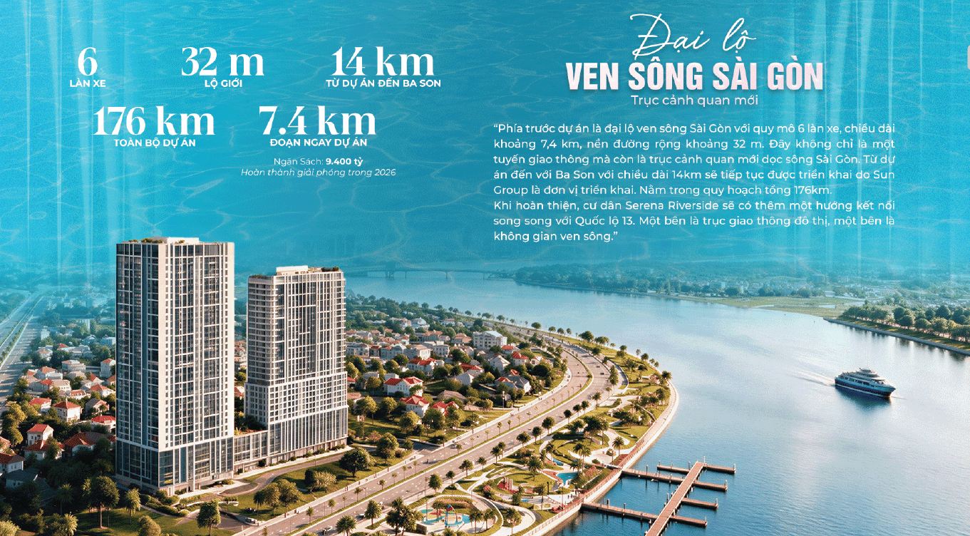: Serena Riverside và Đại lộ ven sông Sài Gòn – trục giao thông kết hợp cảnh quan ven sông.