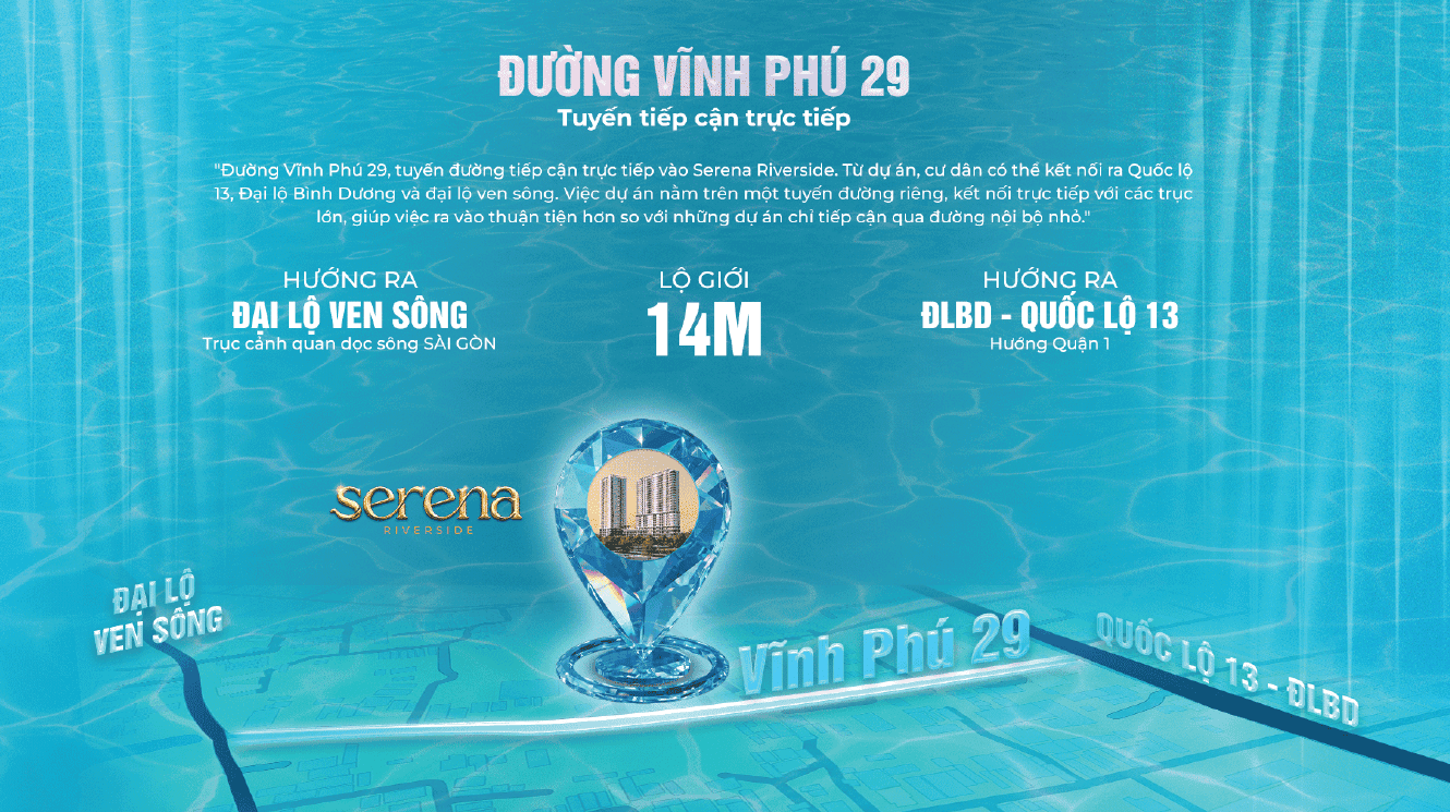Serena Riverside tiếp cận trực tiếp từ đường Vĩnh Phú 29, kết nối với các trục giao thông lớn như Đại lộ ven sông, Đại lộ Bình Dương và Quốc lộ 13.