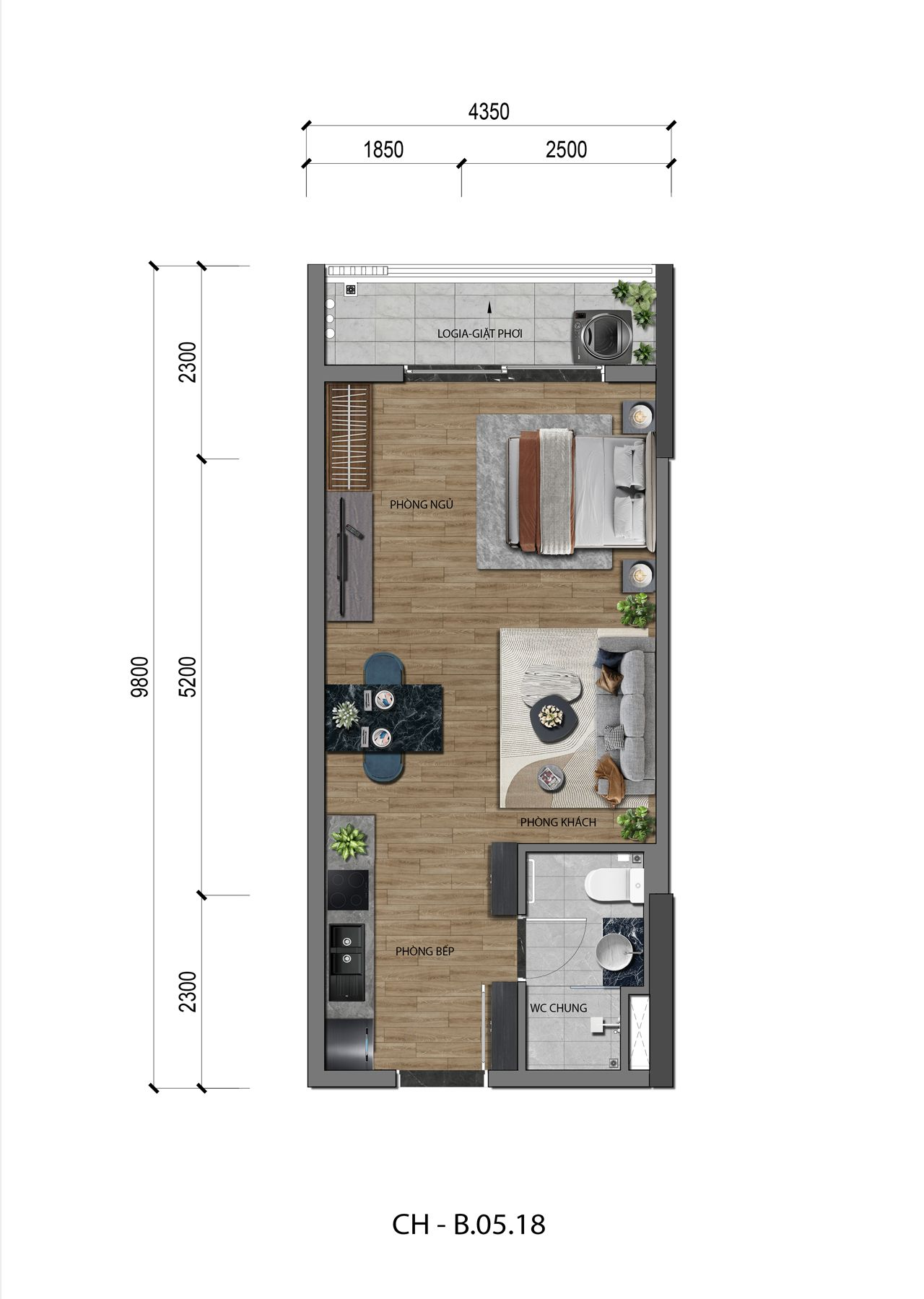 Mặt bằng thiết kế căn 1 pn A&K Tower