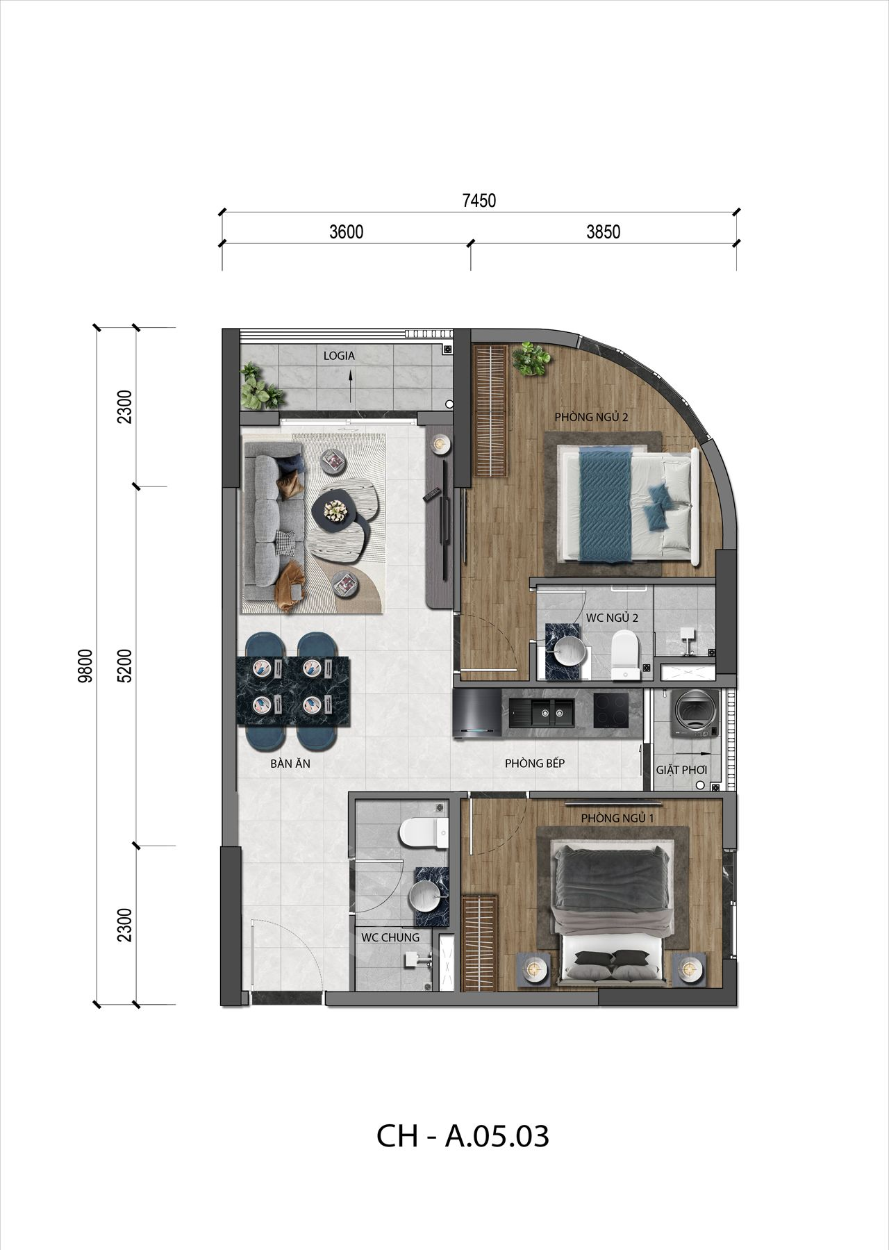 Mặt bằng thiết kế căn 2 pn A&K Tower