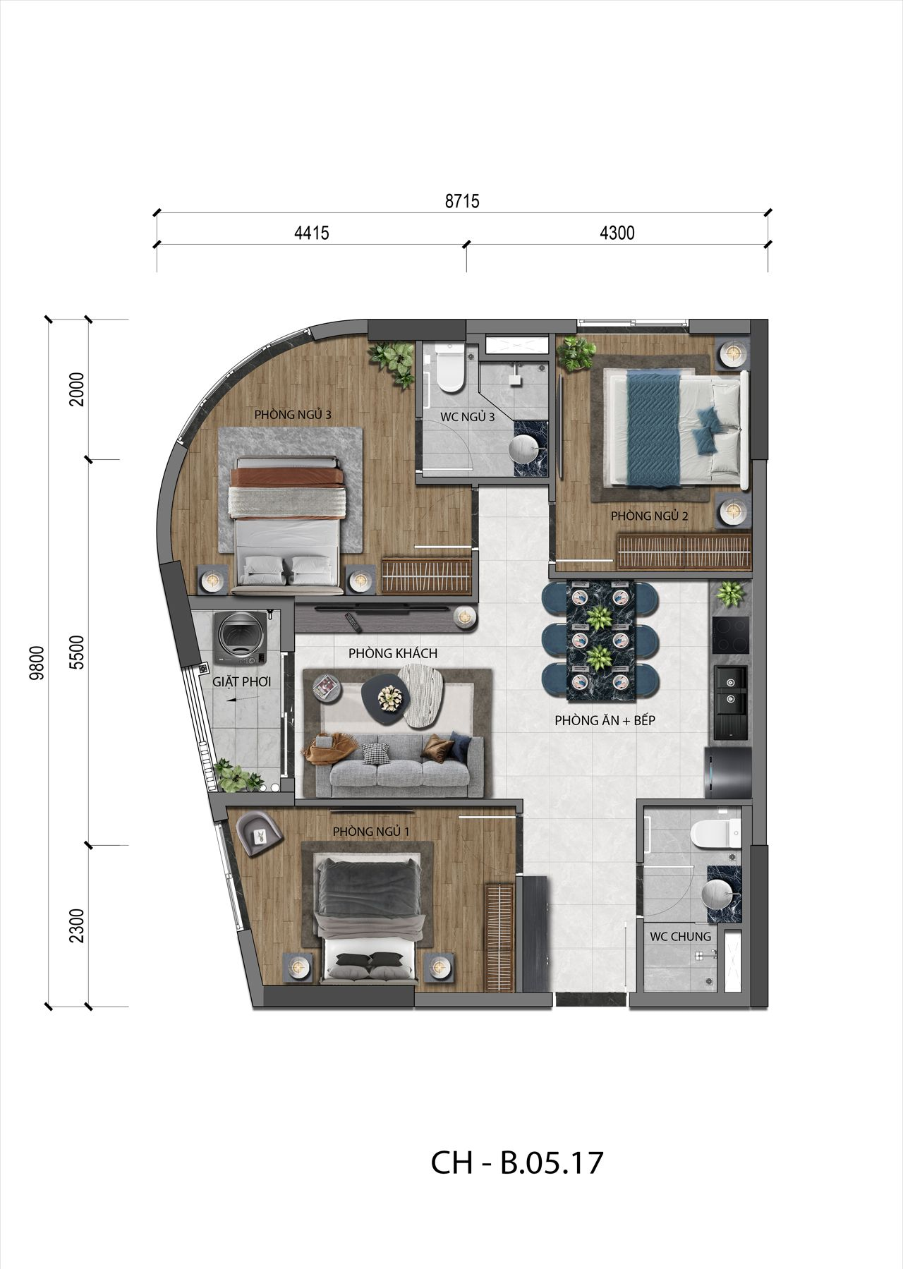 Mặt bằng thiết kế căn 3 pn A&K Tower