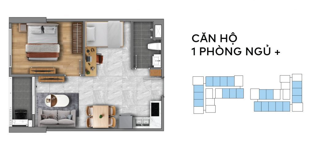 Căn hộ 1 PN + FENICA với không gian đa năng linh hoạt.
