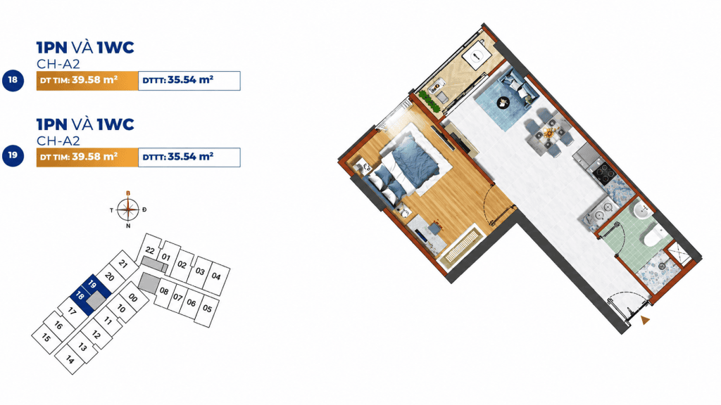 Mặt bằng chi tiết thiết kế căn hộ 1 phòng ngủ 1WC CH-A2 dự án Destino Centro