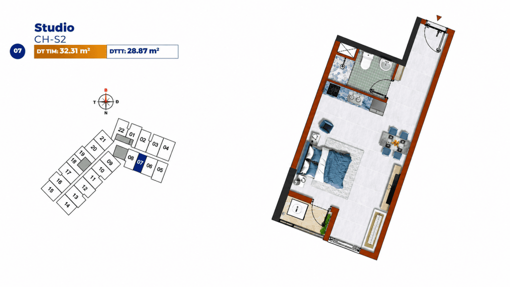 Mặt bằng chi tiết thiết kế căn hộ Studio CH-S2 dự án Destino Centro Bến Lức
