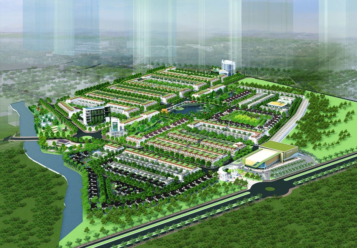 Phối cảnh tổng thể dự án Five Star Eco City với quy hoạch khu đô thị sinh thái gồm nhà phố, biệt thự, khu thương mại, công viên và hệ thống tiện ích nội khu.