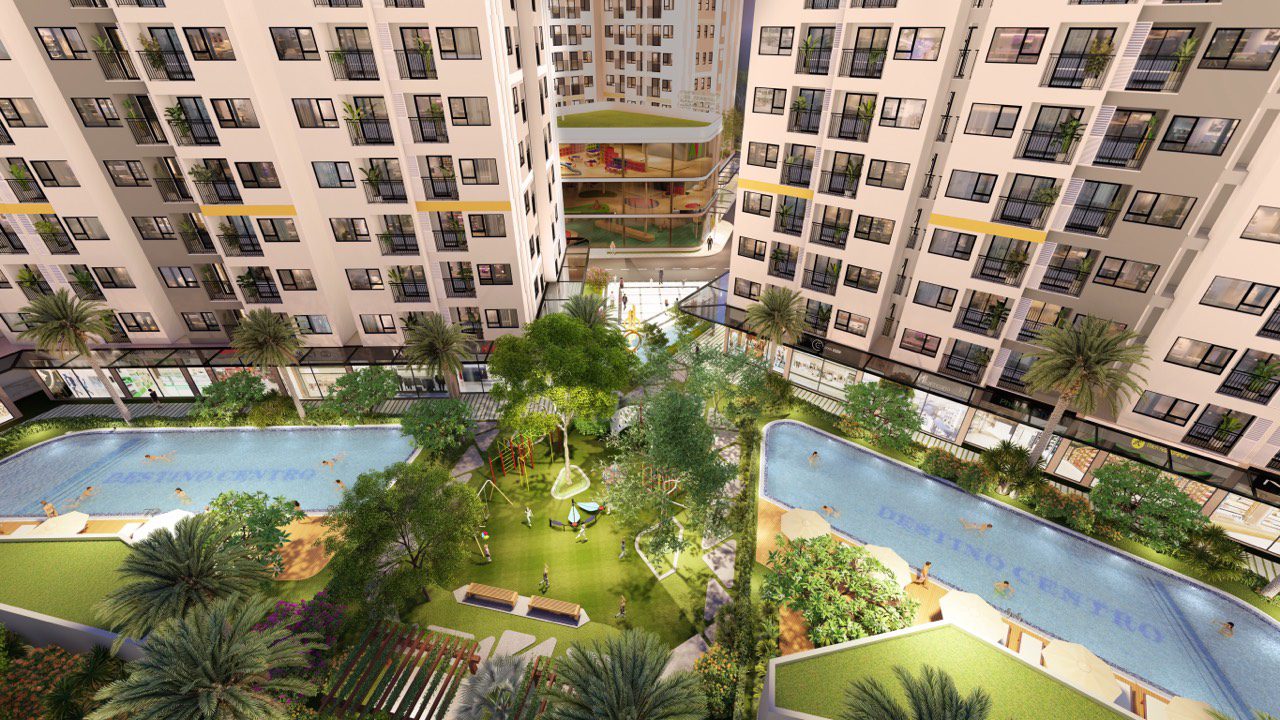 Phối cảnh cụm hồ bơi và công viên cây xanh nội khu dự án Destino Centro