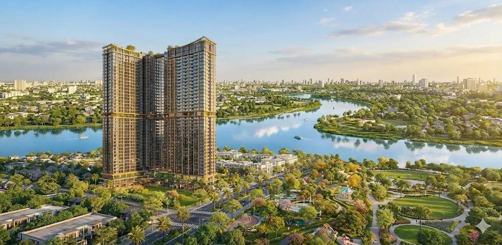 Phối cảnh SERENA RIVERSIDE nổi bật với các tòa căn hộ cao tầng hướng ra không gian sông nước, kết hợp cảnh quan xanh và hệ thống tiện ích nội khu.