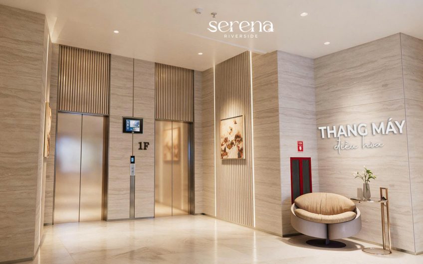 Sảnh thang máy Serena Riverside sang trọng với thiết kế hiện đại, cung cập hệ thống điều hòa
