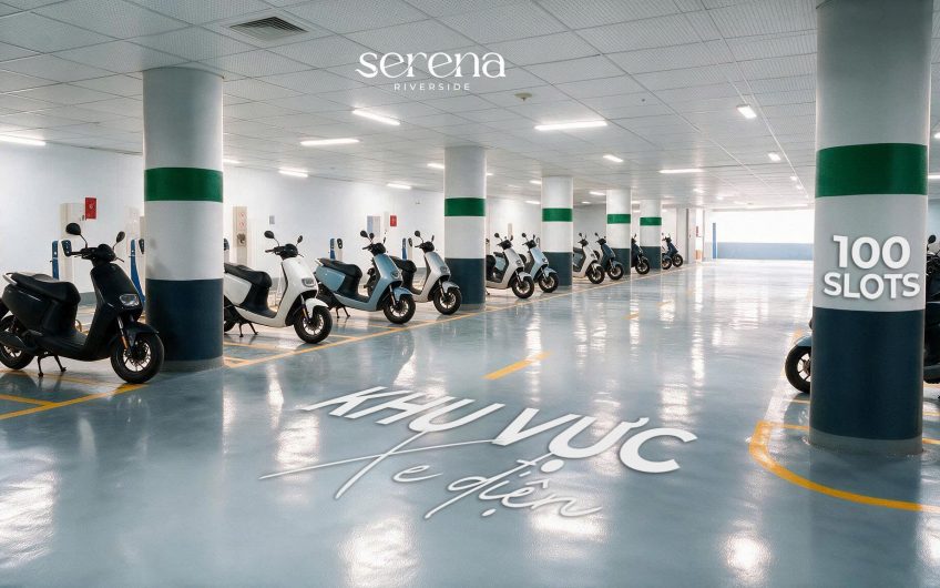 Khu vực gửi xe điện với 100 chỗ đỗ tại Serena Riverside, đáp ứng nhu cầu di chuyển hiện đại và thân thiện với môi trường.