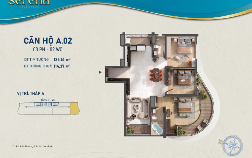 Mặt bằng Officetel A.02 với thiết kế 3 PN và 2 WC.