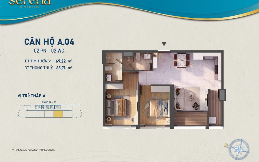 Mặt bằng Officetel A.02 với thiết kế 2 PN và 2 WC.