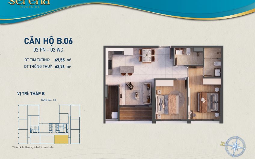 Mặt bằng căn hộ B.06 với thiết kế 2 phòng ngủ, 2 WC.